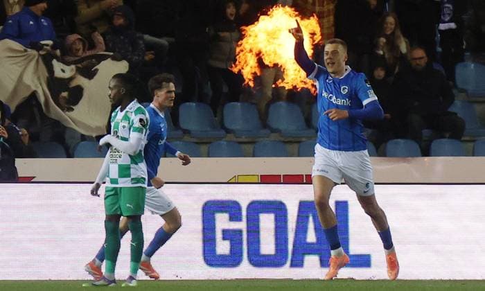 KRC Genk v RAAL La Louviere - Jupiler Pro League GENK, BELGIUM - OCTOBER 26 : goal r38Heymans Daan midfielder of KRC Genk in his first game after injury during Jupiler Pro League match between KRC Genk and RAAL La Louviere on October 26, 2025 in Genk, Belgium, 26 10 25 Eeklo Belgium  Copyright: xJeffreyxGaensx