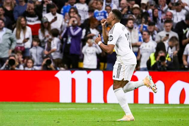 Spanish La Liga EA Sports soccer match Real Madrid vs FC Barcelona, Barca at Santiago Bernabeu Stadium in Madrid, Spain. 26 October 2025 Kylian Mbappe celebrates a goal 900 Cordon Press  900 CordonxPress LOF - Real Madrid vs FC Barcelona