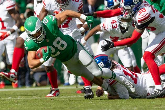 Philadelphia Eagles running back Will Shipley (28) is tackled by New York Giants Jamie Gillan (12) during the first quarter at Lincoln Financial Field in Philadelphia on Sunday, October 26, 2025.  PHI20251026004 LAURENCExKESTERSON