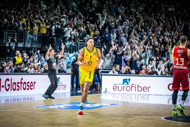 Basketball Berlin 26 10 2025 Season 2025 2026 easyCredit BBL 1 Bundesliga Men, Men Alba Berlin FC Bayern Munich Basketball Jack Kayil Alba Berlin, No 07 Jubel