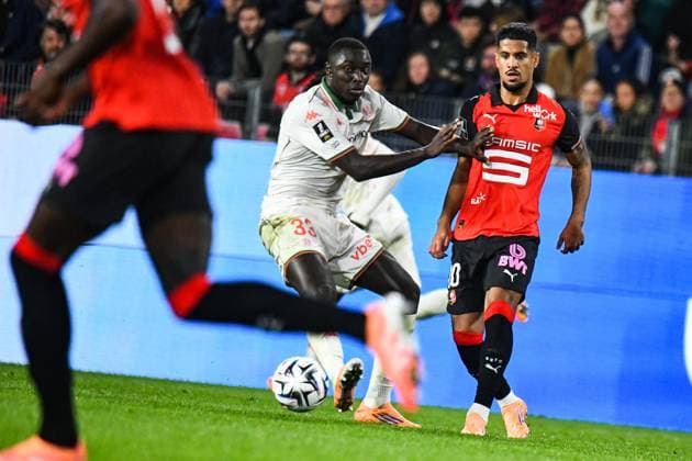 FOOTBALL : Stade Rennais vs OGC Nice - Ligue 1 - JournÃ e 9 - 26 10 2025 Ludovic Blas (Stade Rennais) Antoine Mendy (OGC Nice) RennesFrance  Copyright: xBaptistexAutissierx