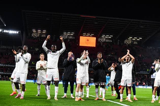 FOOTBALL : Stade Rennais vs OGC Nice - Ligue 1 - JournÃ e 9 - 26 10 2025 Joie des joueurs de l™OGC Nice apres la victoire contre le Stade Rennais RennesFrance  Copyright: xBaptistexAutissierx