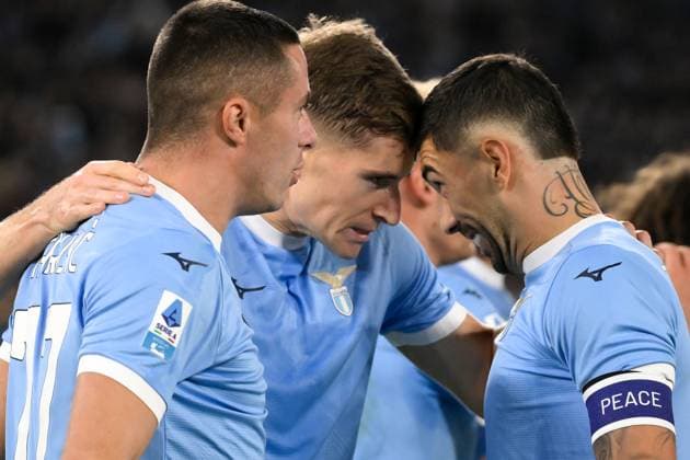 Toma Basic of SS Lazio celebrates with Adam Marusic and Mattia Zaccagni after scoring the goal of 1-0 during the Serie A 2025 2026 football match between SS Laziio and Juventus FC at Stadio Olimpico in Rome (Italy), October 26, 2025. AndreaxStaccioli
