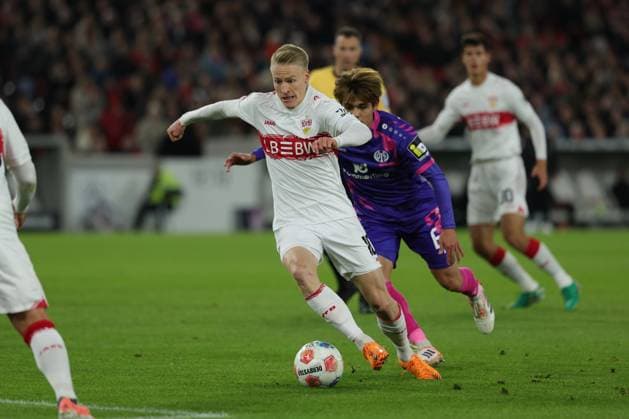 Stuttgart, Bundesliga Football VfB Stuttgart vs 1 FSV Mainz 05, Chris Führich VfB In accordance with the regulations of the DFL German Football League, it is prohibited to use or have used photographs taken in the stadium and or of the match in the form of sequential images and or video-like photo series