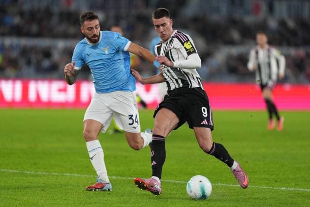 Mario Gila of SS Lazio and Dusan Vlahovic of Juventus FC during the Serie A 2025 2026 football match between SS Laziio and Juventus FC at Stadio Olimpico in Rome (Italy), October 26, 2025. antoniettaxbaldassarre