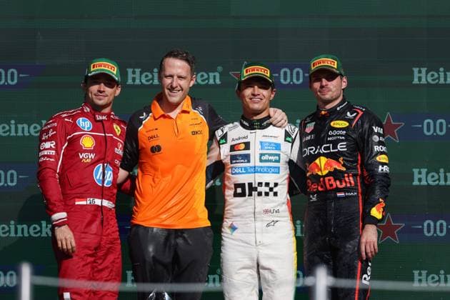 F1 - MEXICO CITY GRAND PRIX 2025 podium LECLERC Charles (mco), Scuderia Ferrari SF-25, NORRIS Lando (gbr), McLaren F1 Team MCL39, VERSTAPPEN Max (ned), Red Bull Racing RB21, portrait during the 2025 Formula 1 Mexico City Grand Prix, 20th round of the 2025 FIA Formula One World Championship, WM, Weltmeisterschaft from October 24 to 26, 2025 on the Autodromo Hermanos Rodriguez, in Mexico City, Mexico - Mexico CityMexico Copyright: xANTONINxVINCENTx