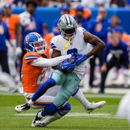 October 26, 2025: Dallas Cowboys wide receiver George Pickens (3) is tackled by Denver Broncos cornerback Riley Moss (21) after making a reception in the first half of the football game between the Denver Broncos and Dallas Cowboys. CSM. - ZUMAc04_ 20251026_zma_c04_200 Copyright: xDerekxRegensburgerx