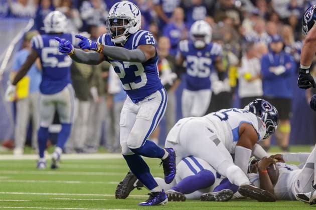 October 26, 2025, Indianapolis, Indiana, U.S: Indianapolis Colts cornerback Kenny Moore II (23) celebrates after a tackle for loss during the game between the Tennessee Titans and the Indianapolis Colts at Lucas Oil Stadium, Indianapolis, Indiana. Indianapolis U.S - ZUMAs304 20251026_zaf_s304_021 Copyright: xScottxStuartx