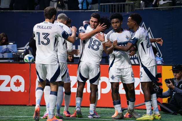 Daniel Rios (14 Vancouver Whitecaps FC) celebrates and hugs teammates after scoring their first goal during Game 1 of the Major League Soccer Round One Playoffs Series between Vancouver Whitecaps FC and FC Dallas at BC Place Stadium in Vancouver, British Columbia, Canada (EDITORIAL USAGE ONLY). Copyright: xAmyxElle SPPx Sportspressphoto_SPR52440
