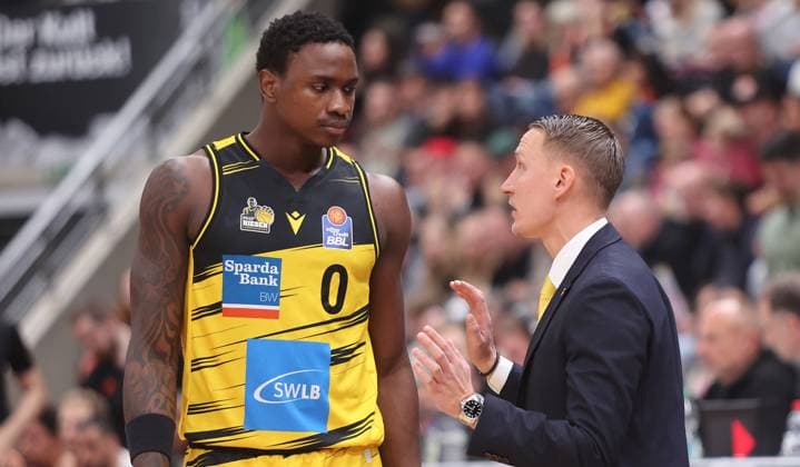 Ludwigsburg , easyCredit Basketball Bundesliga MHP Riesen Ludwigsburg vs ratiopharm Ulm , from left Babacar Sane Mikko Riipinen Coach Riesen