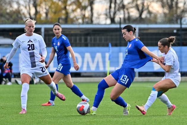 Radomlje, Slovenia, October 27th 2025, Izabela Krizaj of Slovenia (R) in action against Milica Saric of Serbia (2R) during the International women?s football Friendly match between Slovenia and Serbia at Sports Park Radomlje, Radomlje, Slovenia. (Photo by Igor Kupljenik Sports Press Photo) Copyright: xIgorxKupljenikx xSPPx Sportspressphoto_SPR52594