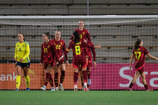 251027 Mathilde Janzen of Germany celebrates after 0 4 during the international friendly under 23 football match between Sweden and Germany on October 27, 2025 in Malmö Photo Christoffer Borg Mattisson BILDBYRAN COP 261 CB0483 fotboll football soccer fotball u23 under 23 sverige sweden germany dam bbeng landslag jubel sverige sweden celebrates tyskland germany  Copyright: CHRISTOFFERxBORGxMATTISSON BB251027CB083