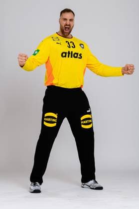 Muenchen Handball DHB 25 26 Germany photoshoot goalkeeper Andreas Wolff Germany jubilation joy emotion Muenchen Bavaria Germany