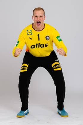 Muenchen Handball DHB 25 26 Germany photoshoot goalkeeper David Späth David Spaeth Germany jubilation joy emotion Muenchen Bavaria Germany