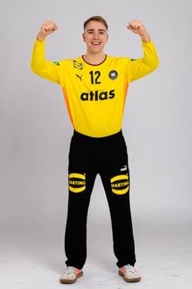 Muenchen Handball DHB 25 26 Germany photoshooting goalkeeper Lasse Ludwig Germany jubilation joy emotion, single picture clipping Muenchen Bavaria Germany