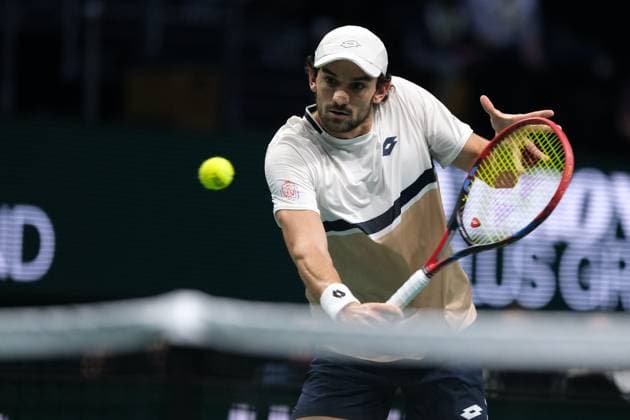 October 28, 2025, Nanterre, Hauts De Seine, France: VALENTIN VACHEROT (MON) returns the ball to JIRI LEHECKA (CZE) during the first round of Rolex Paris Masters 1000 tournament at La Defense Arena Stadium - Nanterre - France..Vacherot won 6:1 6:3 Nanterre France - ZUMAp119 20251028_zaf_p119_005 Copyright: xPierrexSteveninx