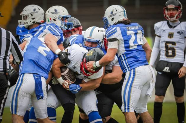 AMERICAN FOOTBALL - IFAF EC, ITA vs GER KREFELD,GERMANY,28.OCT.25 - AMERICAN FOOTBALL - IFAF European Championship, EM, Europameisterschaft bronze medal game, Italy vs Germany. Image shows John Levi Kruse (GER).  GEPAxpictures xDavidxBitzan