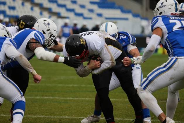 AMERICAN FOOTBALL - IFAF EC, ITA vs GER KREFELD,GERMANY,28.OCT.25 - AMERICAN FOOTBALL - IFAF European Championship, EM, Europameisterschaft bronze medal game, Italy vs Germany. Image shows John Levi Kruse (GER).  GEPAxpictures xDavidxBitzan