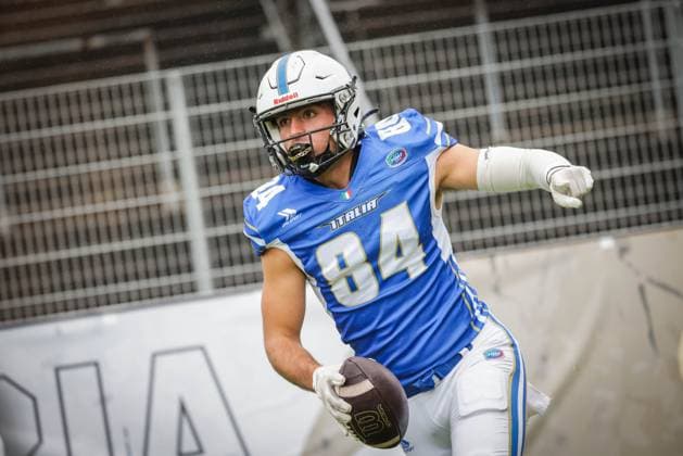AMERICAN FOOTBALL - IFAF EC, ITA vs GER KREFELD,GERMANY,28.OCT.25 - AMERICAN FOOTBALL - IFAF European Championship, EM, Europameisterschaft bronze medal game, Italy vs Germany. Image shows the rejoicing of Carlo Tassan (ITA).  GEPAxpictures xDavidxBitzan