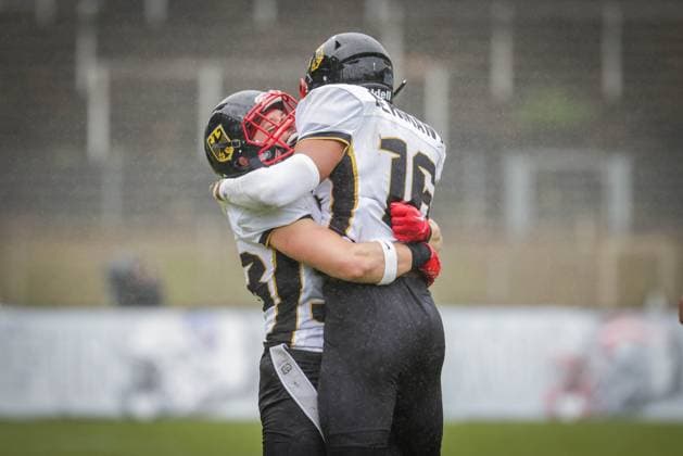 AMERICAN FOOTBALL - IFAF EC, ITA vs GER KREFELD,GERMANY,28.OCT.25 - AMERICAN FOOTBALL - IFAF European Championship, EM, Europameisterschaft bronze medal game, Italy vs Germany. Image shows the rejoicing of GER.  GEPAxpictures xDavidxBitzan