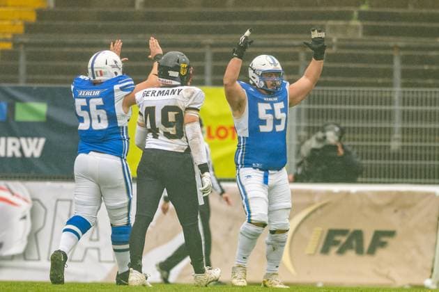 Alessandro Vergani (Team Italy, 55) andRiccardo Alberto Guillet (Team Italy, 56) touchdown celebration, Team Germany vs Team Italy, American Football, European Championship, EM, Europameisterschaft Bronze Game, Season 2025, 28.10.2025, Krefeld Grotenburg Stadion Germany Copyright: xFootxBowl JUSTxSHOTSx