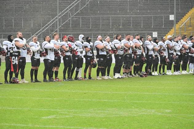 28 10 2025 xkhx Krefeld Grotenburg Stadium American Football European Championship 2025 Italy Germany Match for 3rd place The German team singing the national anthem