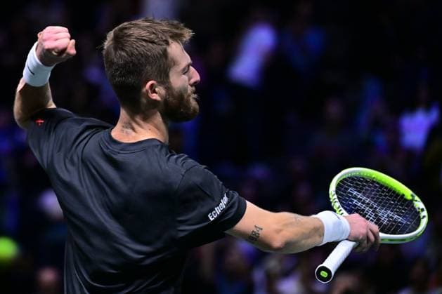 TENNIS : Rolex Paris Masters - Paris - 28 10 2025 Corentin MOUTET ( France ) celebrates his victory during the Rolex Paris Masters at Paris La Defense Arena on October 28, 2025 in Nanterre, France. (Photo by Federico Pestellini PSNewz ) ParisFrance  Copyright: xFedericoxPestellinix