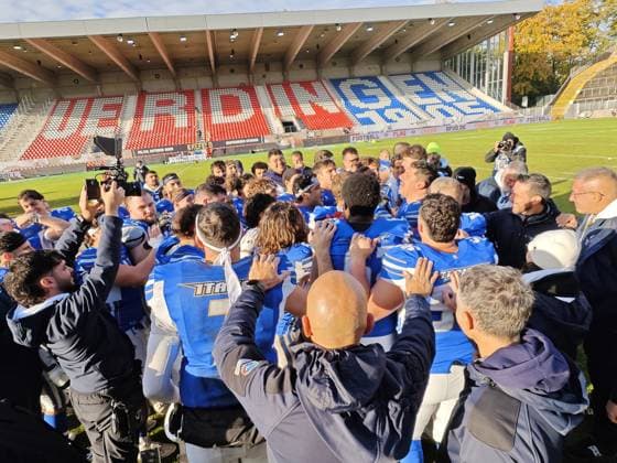 28 10 2025 xkhx Krefeld Grotenburg Stadium American Football European Championship 2025 Italy Germany 3rd place match Italy wins the small final for 3rd place and cheers
