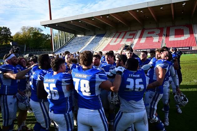 28 10 2025 xkhx Krefeld Grotenburg Stadium American Football European Championship 2025 Italy Germany 3rd place match Italy wins the small final for 3rd place and cheers