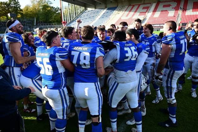 28 10 2025 xkhx Krefeld Grotenburg Stadium American Football European Championship 2025 Italy Germany 3rd place match Italy wins the small final for 3rd place and cheers