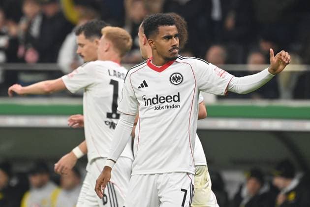 Goal celebration Ansgar KNAUFF Eintracht Frankfurt after goal to 1 0, cheering,joy,enthusiasm,action, Soccer DFB Cup , 2nd round Eintracht Frankfurt Borussia Dortmund on 28 10 2025 , DEUTSCHE BANK PARK season 2025 2026,