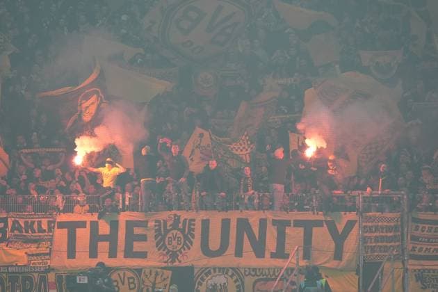 Dortmund fans with pyrotechnics Frankfurt 28 10 2025 Eintracht Frankfurt vs Borussia Dortmund, Deutsche Bank Park, 2nd round DFB Cup