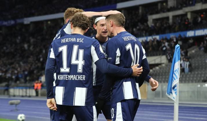 Michael Cuisance cheers after 1 0, Fabian Reese, Maurice Krattenmacher joy emotion jubilation sport football soccer soccer DFB Pokal 2 round men season 2025 2026 28 10 2025 Hertha BSC Berlin vs SV Elversberg DFL regulations prohibit any use of photographs as image sequences and or quasi video