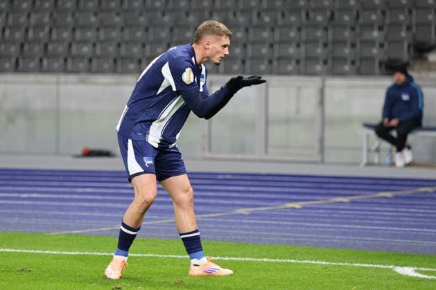 Hertha BSC vs SV Elversberg, 28 10 2025 BERLIN, GERMANY OCTOBER 28 goal, celebration, cheering Michaël Cuisance Hertha BSC 10 celebrates scoring the 1 0 goal, during the DFB Cup match round 2 between Hertha BSC vs SV Elversberg at Olympiastadion on October 28, 2025 in Berlin, Germany DFL REGULATIONS PROHIBIT ANY USE OF PHOTOGRAPHS AS IMAGE SEQUENCES AND OR QUASI VIDEO Copyright: xBEAUTIFULxSPORTS Frankex