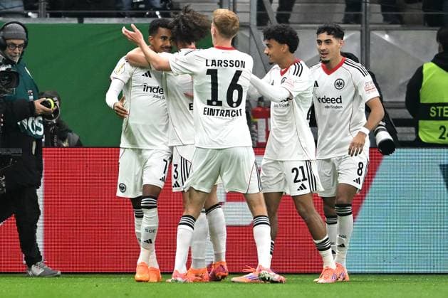 Soccer DFB Cup 2nd main round Eintracht Frankfurt Borussia Dortmund on 28 10 2025 at Deutsche Bank Park in Frankfurt Goal celebration to 1 0 by Ansgar Knauff Frankfurt DFL regulations prohibit any use of photographs as image sequences and or quasi video xJKx