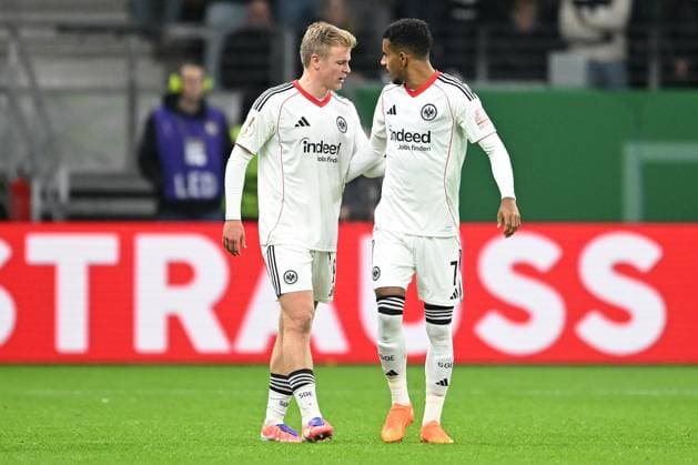 Soccer DFB Cup 2nd main round Eintracht Frankfurt Borussia Dortmund on 28 10 2025 at Deutsche Bank Park in Frankfurt Goal celebration to 1 0 by Ansgar Knauff Frankfurt DFL regulations prohibit any use of photographs as image sequences and or quasi video xJKx