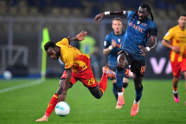 Lecce s midfielder Lassana Coulibaly (29 US Lecce) and Napoli s Defensive Midfielder Frank Anguissa (99 SSC Napoli) in action during the Serie A Enilive soccer matchday 9 between US Lecce and SSC Napoli at the Via del Mare Stadium in Lecce, Italy, Tuesday, October 28, 2025. (Credit Image: Giovanni Evangelista LaPresse)  Copyright: xGiovannixEvangelista LaPressex