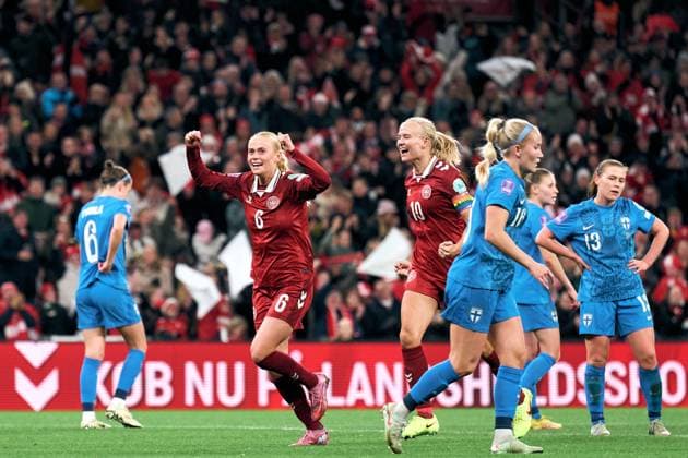 Kathrine Moller Kuhl of Denmark celebrate a goal during the UEFA Womens Nations League Playoff between Denmark and Finland at Parken on October 28, 2025 in Copenhagen, Denmark (Photo by Camilla Stolen Imago) Copenhagen Denmark Copyright: xCamillaxStolenx L1078614