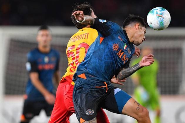 Lecce s Santiago Pierotti (50 US Lecce) and Napoli s Mathias Olivera (17SSC Napoli) in action during the Serie A Enilive soccer matchday 9 between US Lecce and SSC Napoli at the Via del Mare Stadium in Lecce, Italy, Tuesday, October 28, 2025. (Credit Image: Giovanni Evangelista LaPresse)  Copyright: xGiovannixEvangelista LaPressex