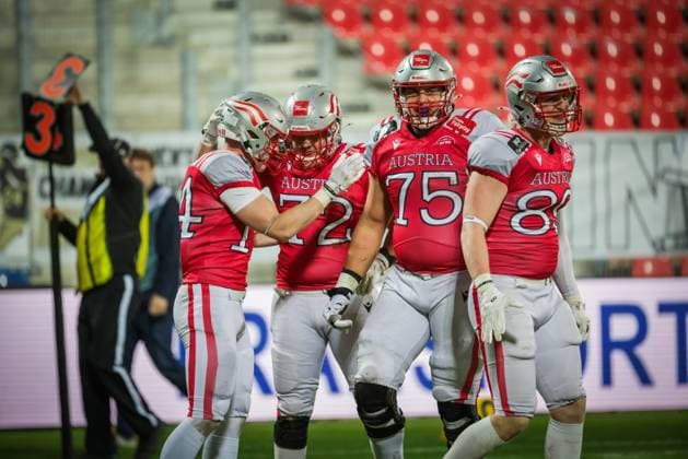 AMERICAN FOOTBALL - IFAF EC, AUT vs FIN KREFELD,GERMANY,28.OCT.25 - AMERICAN FOOTBALL - IFAF European Championship, EM, Europameisterschaft gold medal game, final, Austria vs Finland. Image shows the rejoicing of AUT.  GEPAxpictures xDavidxBitzan