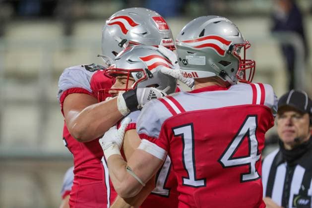 AMERICAN FOOTBALL - IFAF EC, AUT vs FIN KREFELD,GERMANY,28.OCT.25 - AMERICAN FOOTBALL - IFAF European Championship, EM, Europameisterschaft gold medal game, final, Austria vs Finland. Image shows the rejoicing of AUT.  GEPAxpictures xDavidxBitzan