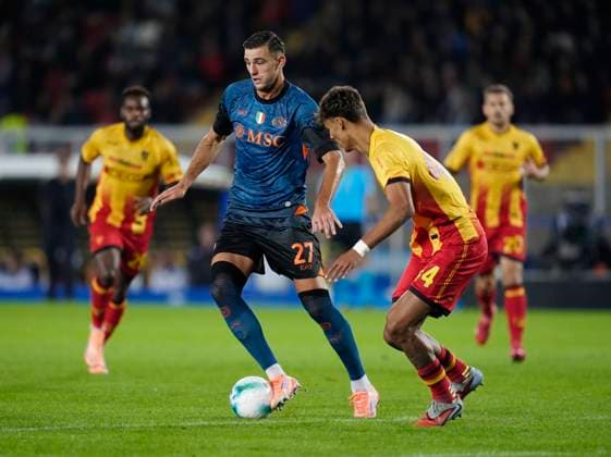 Lorenzo Lucca (SSC Napoli) in action, Serie A, US Lecce v SSC Napoli, Via del Mare Stadium, October 28, 2025, Lecce, Italy.