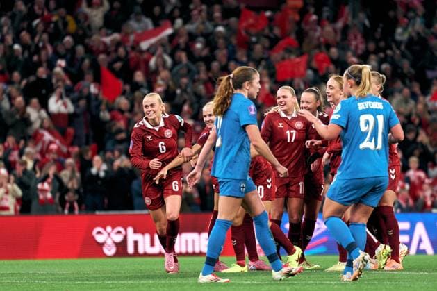 Kathrine Moller Kuhl of Denmark celebrates her goal during the UEFA Womens Nations League Playoff between Denmark and Finland at Parken on October 28, 2025 in Copenhagen, Denmark (Photo by Camilla Stolen Imago) Copenhagen Denmark Copyright: xCamillaxStolenx L1078612