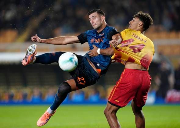 Lorenzo Lucca (SSC Napoli) and Tiago Gabriel (US Lecce) battle for the ball, Serie A, US Lecce v SSC Napoli, Via del Mare Stadium, October 28, 2025, Lecce, Italy.