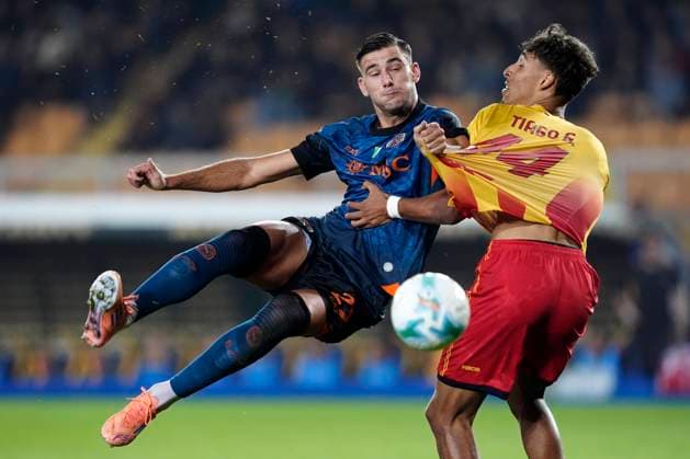 Lorenzo Lucca (SSC Napoli) and Tiago Gabriel (US Lecce) battle for the ball, Serie A, US Lecce v SSC Napoli, Via del Mare Stadium, October 28, 2025, Lecce, Italy.