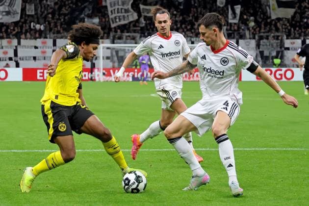 Frankfurt, Germany October 28, 2025 DFB Pokal 2025 2026 Eintracht Frankfurt vs Borussia Dortmund In picture from left in duel Karim Adeyemi Dortmund vs Robin Koch Frankfurt DFB regulations prohibit any use of photographs as image sequences and or quasi video Deutsche Bank Park Hessen Copyright: xFotostandx xRacochax