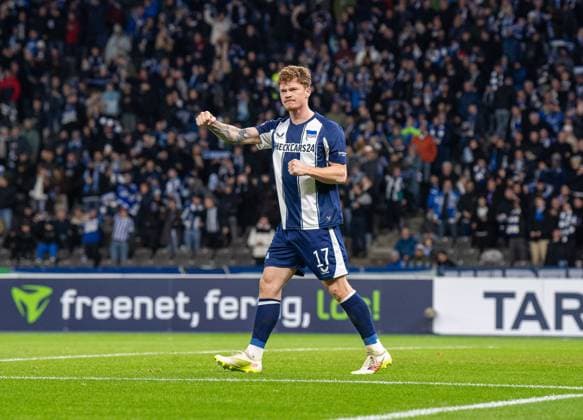 Soccer, Men, Season 2025 2026, DFB Pokal 2 Round , Hertha BSC SV Elversberg, Sebastian Grönning Hertha BSC , Cheering after scoring 2 0, 28 10 2025, Copyright: xSebastianxRäppold MatthiasxKochx