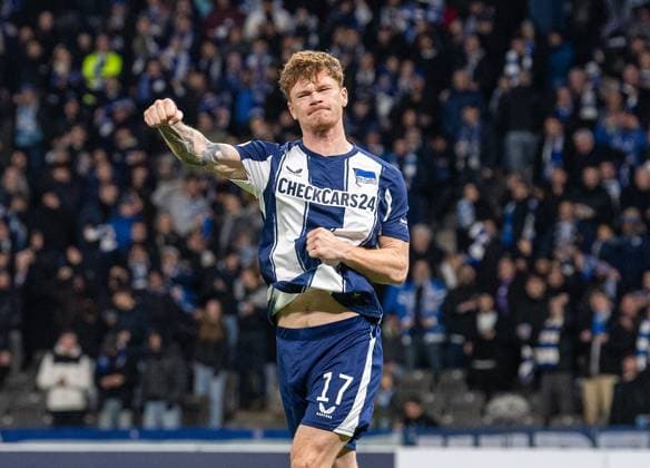 Soccer, Men, Season 2025 2026, DFB Pokal 2 Round , Hertha BSC SV Elversberg, Sebastian Grönning Hertha BSC , Cheering after scoring 2 0, 28 10 2025, Copyright: xSebastianxRäppold MatthiasxKochx