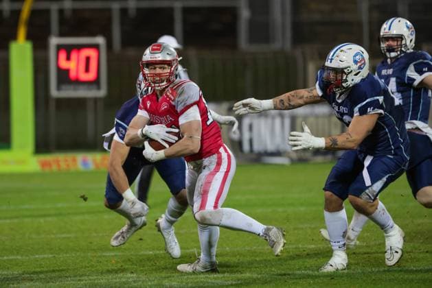 AMERICAN FOOTBALL - IFAF EC, AUT vs FIN KREFELD,GERMANY,28.OCT.25 - AMERICAN FOOTBALL - IFAF European Championship, EM, Europameisterschaft gold medal game, final, Austria vs Finland. Image shows Lukas Haslwanter (AUT).  GEPAxpictures xDavidxBitzan