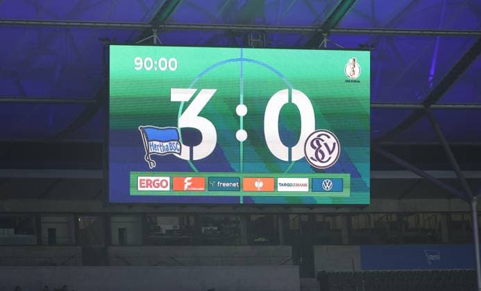 Scoreboard with final result 3 0 Sport Soccer Football DFB Pokal 2 Round Men Season 2025 2026 28 10 2025 Hertha BSC Berlin vs SV Elversberg DFL regulations prohibit any use of photographs as image sequences and or quasi video